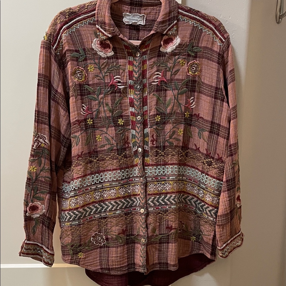Embroidered Plaid Button Down Shirt - Multicolor